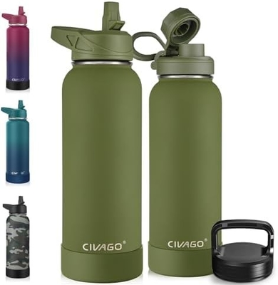 32 oz geïsoleerde waterfles met stro, roestvrij staal sportwaterbeker Flas met 3 deksels (stro, slang en handvat)