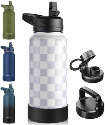 32 oz geïsoleerde waterfles met stro, roestvrij staal sportwaterbeker Flas met 3 deksels (stro, slang en handvat)