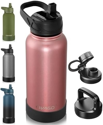 32 oz geïsoleerde waterfles met stro, roestvrij staal sportwaterbeker Flas met 3 deksels (stro, slang en handvat)