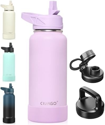32 oz geïsoleerde waterfles met stro, roestvrij staal sportwaterbeker Flas met 3 deksels (stro, slang en handvat)