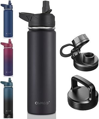 32 oz geïsoleerde waterfles met stro, roestvrij staal sportwaterbeker Flas met 3 deksels (stro, slang en handvat)