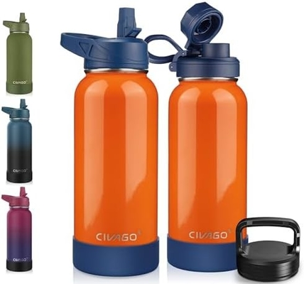 32 oz geïsoleerde waterfles met stro, roestvrij staal sportwaterbeker Flas met 3 deksels (stro, slang en handvat)