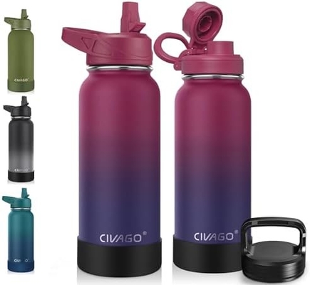 32 oz geïsoleerde waterfles met stro, roestvrij staal sportwaterbeker Flas met 3 deksels (stro, slang en handvat)