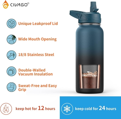 32 oz geïsoleerde waterfles met stro, roestvrij staal sportwaterbeker Flas met 3 deksels (stro, slang en handvat)