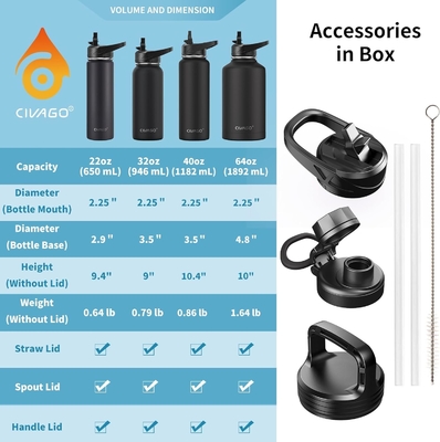 32 oz geïsoleerde waterfles met stro, roestvrij staal sportwaterbeker Flas met 3 deksels (stro, slang en handvat)