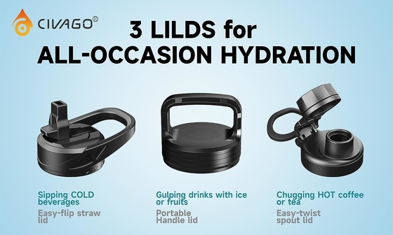 32 oz geïsoleerde waterfles met stro, roestvrij staal sportwaterbeker Flas met 3 deksels (stro, slang en handvat)