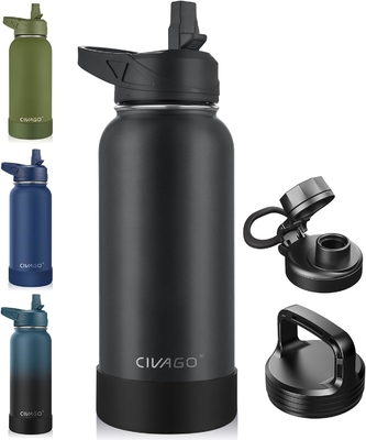 32 oz geïsoleerde waterfles met stro, roestvrij staal sportwaterbeker Flas met 3 deksels (stro, slang en handvat)