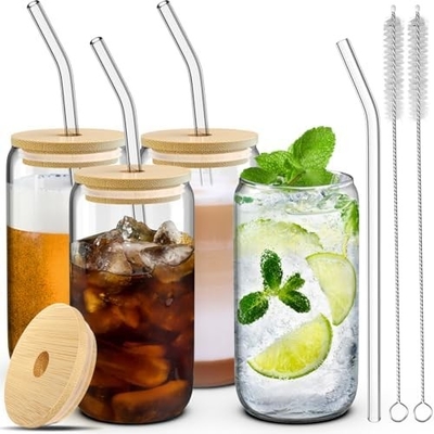 4 Set glazen bekers met deksels en rieten 16 oz, Glassen Drink Set, Iced Coffee Cup met bamboe deksels,