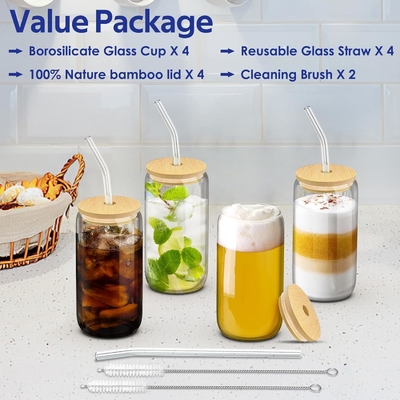 4 Set glazen bekers met deksels en rieten 16 oz, Glassen Drink Set, Iced Coffee Cup met bamboe deksels,