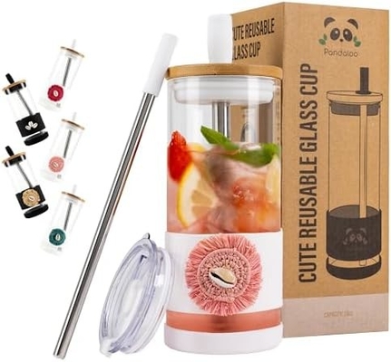 Glasbekers met deksels en rieten -20 Fl Oz- Perfecte grootte Iced Coffee Cup - Smoothie Cup met bamboe