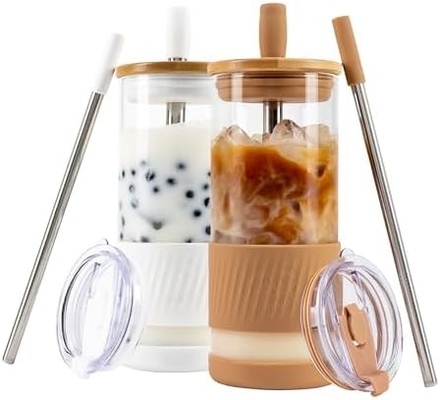 Glasbekers met deksels en rieten -20 Fl Oz- Perfecte grootte Iced Coffee Cup - Smoothie Cup met bamboe