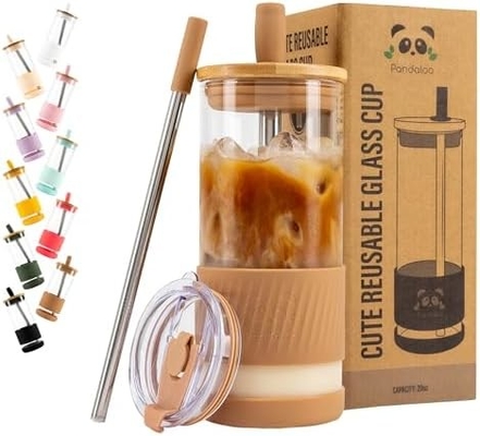 Glasbekers met deksels en rieten -20 Fl Oz- Perfecte grootte Iced Coffee Cup - Smoothie Cup met bamboe