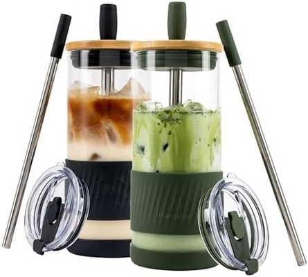 Glasbekers met deksels en rieten -20 Fl Oz- Perfecte grootte Iced Coffee Cup - Smoothie Cup met bamboe