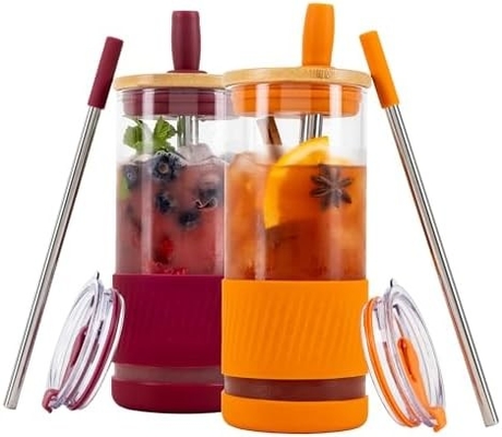 Glasbekers met deksels en rieten -20 Fl Oz- Perfecte grootte Iced Coffee Cup - Smoothie Cup met bamboe