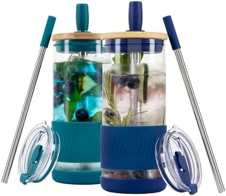 Glasbekers met deksels en rieten -20 Fl Oz- Perfecte grootte Iced Coffee Cup - Smoothie Cup met bamboe