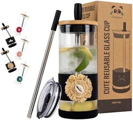 Glasbekers met deksels en rieten -20 Fl Oz- Perfecte grootte Iced Coffee Cup - Smoothie Cup met bamboe