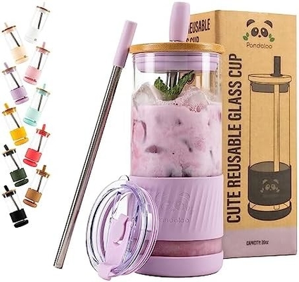 Glasbekers met deksels en rieten -20 Fl Oz- Perfecte grootte Iced Coffee Cup - Smoothie Cup met bamboe