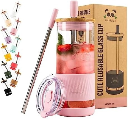 Glasbekers met deksels en rieten -20 Fl Oz- Perfecte grootte Iced Coffee Cup - Smoothie Cup met bamboe
