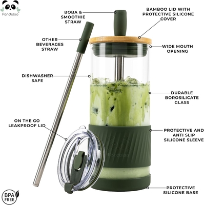 Glasbekers met deksels en rieten -20 Fl Oz- Perfecte grootte Iced Coffee Cup - Smoothie Cup met bamboe