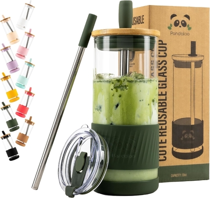 Glasbekers met deksels en rieten -20 Fl Oz- Perfecte grootte Iced Coffee Cup - Smoothie Cup met bamboe