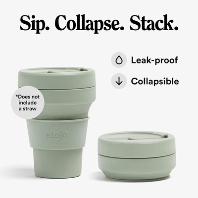 Opvouwbare reisbeker - Sage Groen, 12 oz / 355 ml - lekvrije, herbruikbare pocket-size siliconen fles