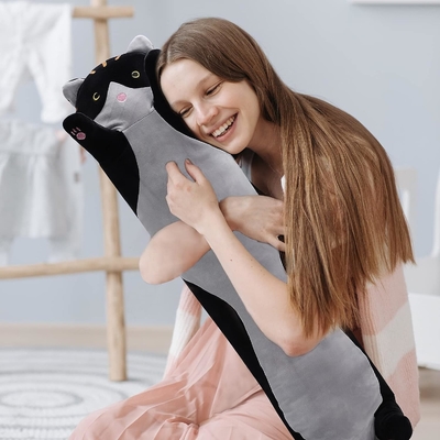 WUYU Liefste pluche katpop schattig tekenfilm zacht gevulde kitten kussen lang gooien slaapkussen pop speelgoed cadeau voor kinderen