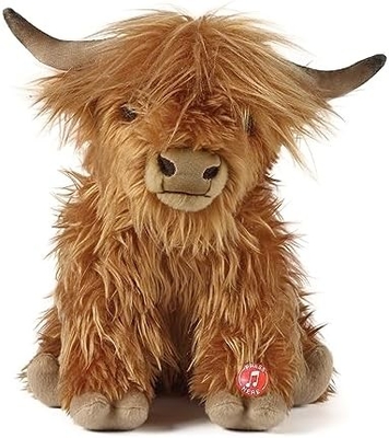 Bruin gevulde dier. Boerderij speeltje met geluid. Zachte speeltje cadeau voor kinderen. Natuurlijke milieuvriendelijke pluis.