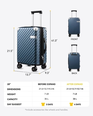 Carry On Baggage 22x14x9 luchtvaartmaatschappij goedgekeurd - 35L polycarbonaat uitbreidbare harde schelp koffer met spinner wielen