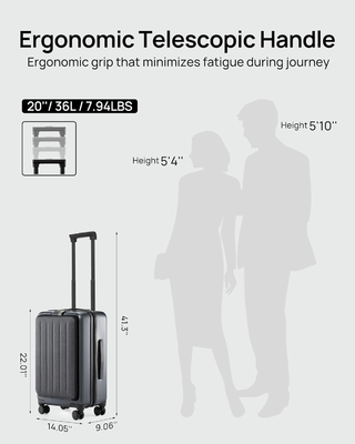 Bagage 22 x 14 x 9 luchtvaartmaatschappij goedgekeurd, 20 inch bagage met voorlaptopcompartiment, dubbelspinnerswielen, harde pc