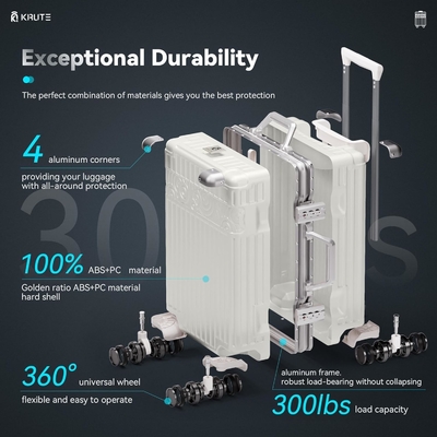 Zipperloze bagage met 8 wielen 20 inch Hard Shell koffer met PC + ABS TSA Lock 4 Metalen hoek wit