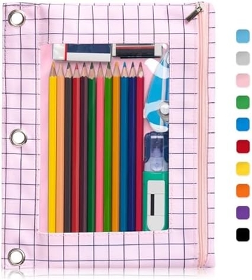 Binder Pencil Case met gladde rits, doorzichtige venster Pencil Case voor Binder, Big Capacity 3 Ring Binder Pencil Bag