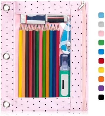 Binder Pencil Case met gladde rits, doorzichtige venster Pencil Case voor Binder, Big Capacity 3 Ring Binder Pencil Bag