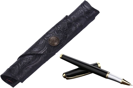 Vintage handgemaakte lederen enkelvoudige penhoes houder koeienhuid vulpen mouw rollen wrap pen zak (zwart gesneden)