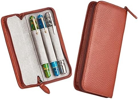 Echte lederen penkas met 3 gespleten gleuven Zwarte kleur, zak met rits