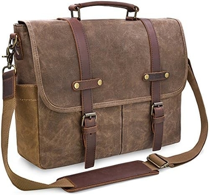 15.6 inch waterdicht Vintage Echt Huid Wax Canvas briefje Grote Lederen Computer Laptop Tas Robuuste Handtas