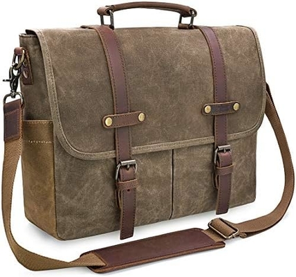 15.6 inch waterdicht Vintage Echt Huid Wax Canvas briefje Grote Lederen Computer Laptop Tas Robuuste Handtas