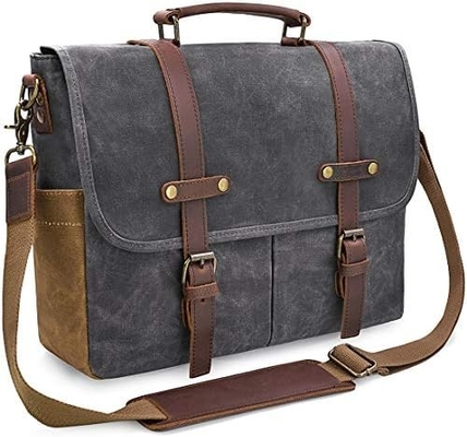 15.6 inch waterdicht Vintage Echt Huid Wax Canvas briefje Grote Lederen Computer Laptop Tas Robuuste Handtas