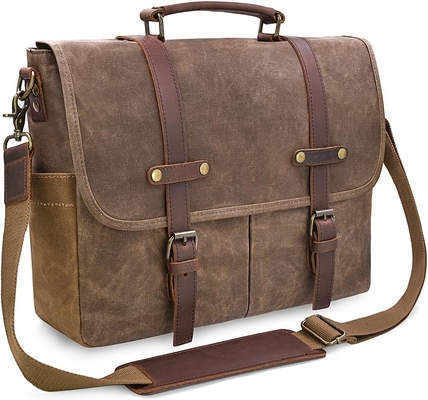 15.6 inch waterdicht Vintage Echt Huid Wax Canvas briefje Grote Lederen Computer Laptop Tas Robuuste Handtas