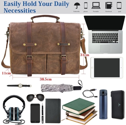 15.6 inch waterdicht Vintage Echt Huid Wax Canvas briefje Grote Lederen Computer Laptop Tas Robuuste Handtas