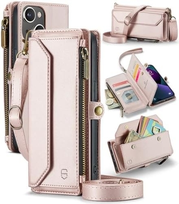 iPhone 13-hoesje, rits portemonnee met 7 kaarten, magnetische flip-flop polsband van leer