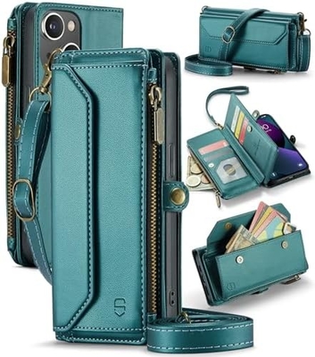 iPhone 13-hoesje, rits portemonnee met 7 kaarten, magnetische flip-flop polsband van leer