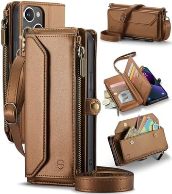 iPhone 13-hoesje, rits portemonnee met 7 kaarten, magnetische flip-flop polsband van leer