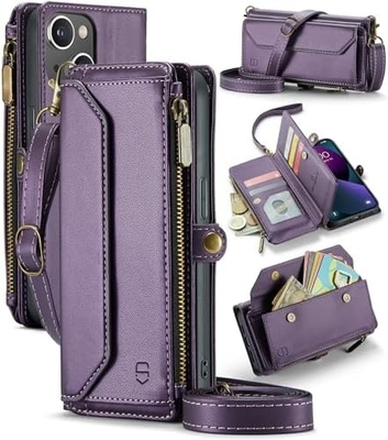 iPhone 13-hoesje, rits portemonnee met 7 kaarten, magnetische flip-flop polsband van leer