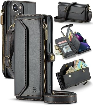 iPhone 13-hoesje, rits portemonnee met 7 kaarten, magnetische flip-flop polsband van leer