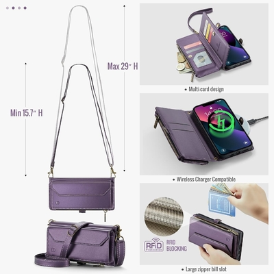 iPhone 13-hoesje, rits portemonnee met 7 kaarten, magnetische flip-flop polsband van leer
