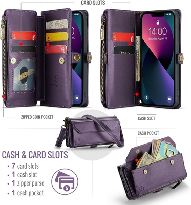 iPhone 13-hoesje, rits portemonnee met 7 kaarten, magnetische flip-flop polsband van leer