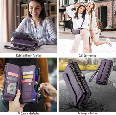 iPhone 13-hoesje, rits portemonnee met 7 kaarten, magnetische flip-flop polsband van leer