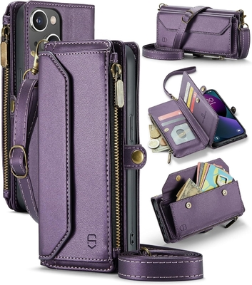 iPhone 13-hoesje, rits portemonnee met 7 kaarten, magnetische flip-flop polsband van leer