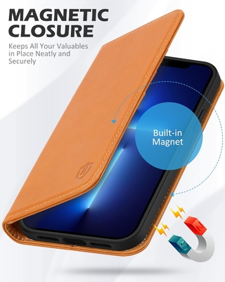 Leerportefeuille vouwhoes Magnetisch zegel RFID blokkerende kaart slot houder Volledig beschermd hoesje compatibel met iPhone 13