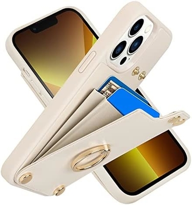 Kaarthouders met iPhone 13 Pro Max, 360° draaiende ringhouder, lederen kaart slot hoesje, RFID schokbestendige hoes,